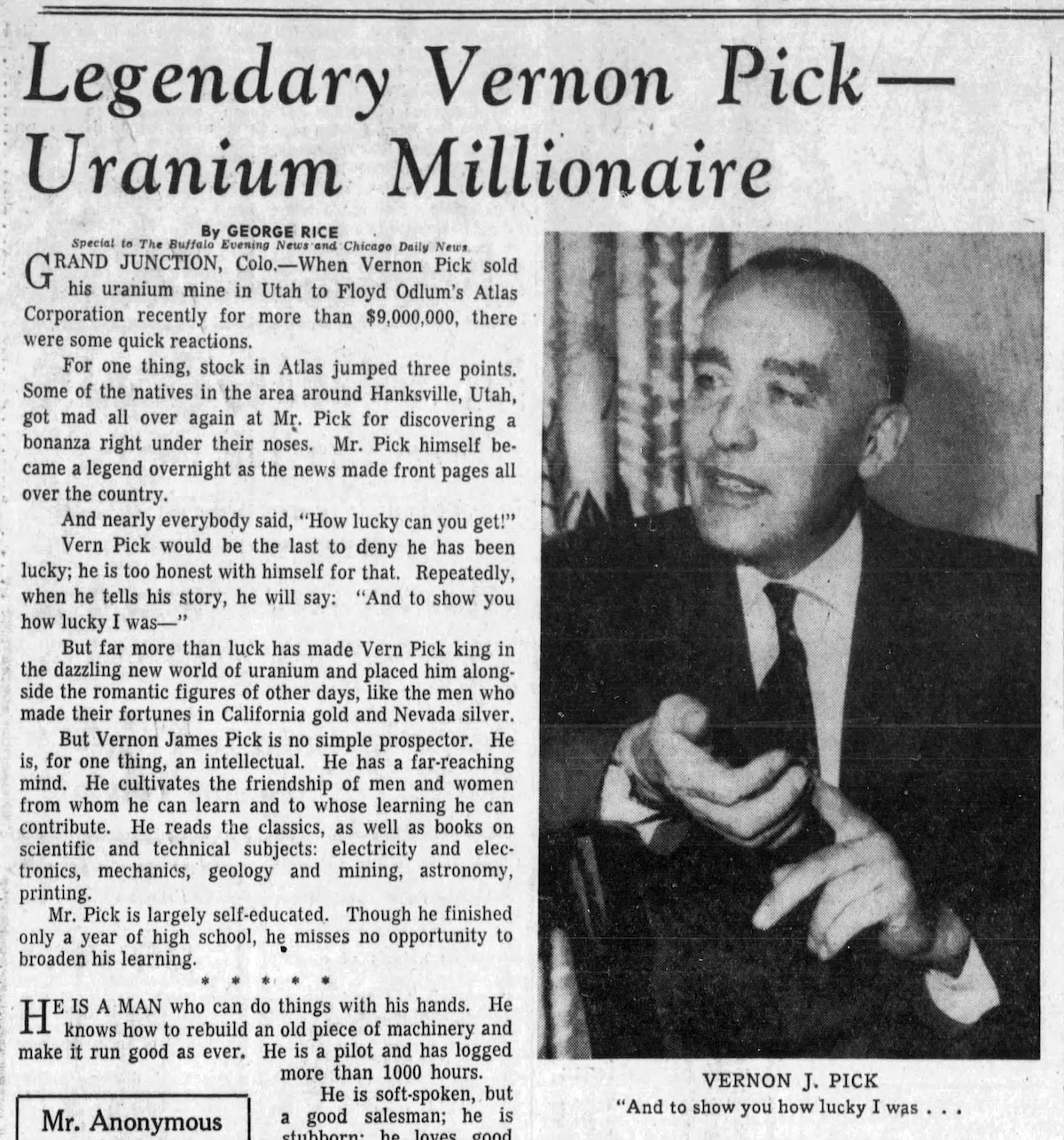 A newspaper article with the headline &lsquo;Legendary Vernon Pick &mdash; Uranium Millionaire&rsquo; including a black and white photo of a man with heavy eyebrows wearing a suit.