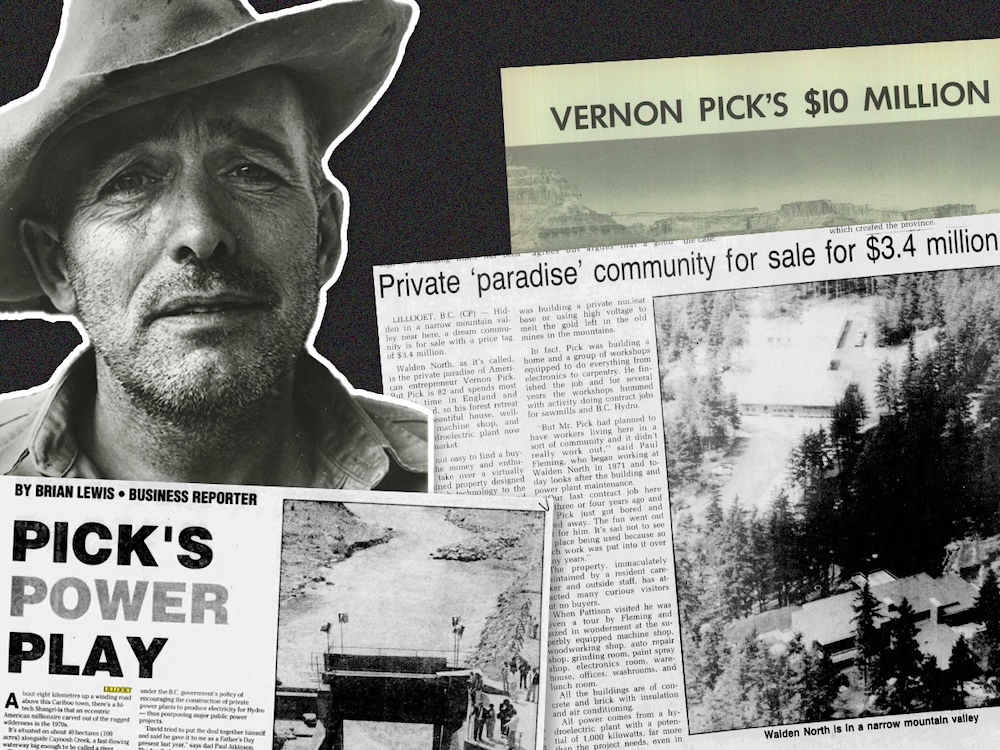 A photo collage showing a photo of Vernon Pick and various newspaper clippings.