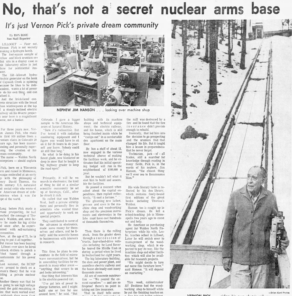 A newspaper article with the headline &lsquo;No, That&rsquo;s Not a Secret Nuclear Arms Base&rsquo; with a photograph of an elderly man carrying mechanical equipment at the base of a hillside rail line.