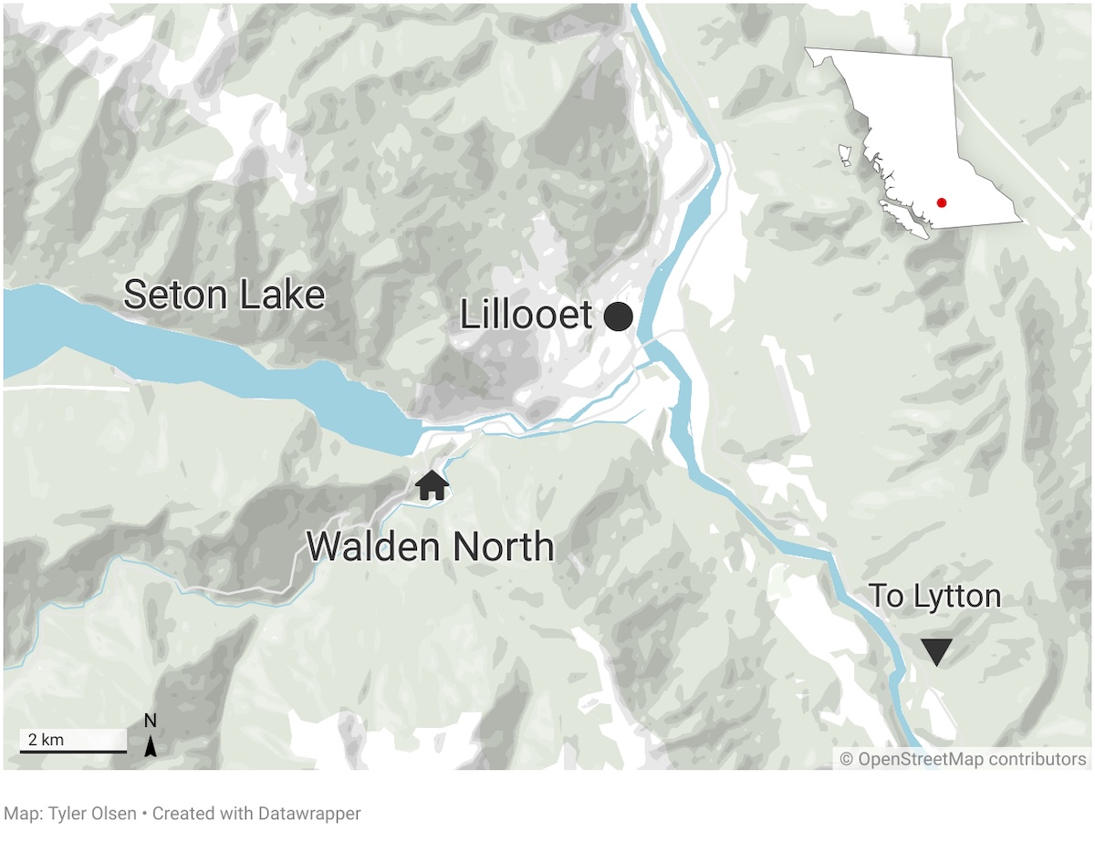 A map showing Seton Lake to the west, Lillooet and the Fraser River to the east and Walden North in the middle of the map image.