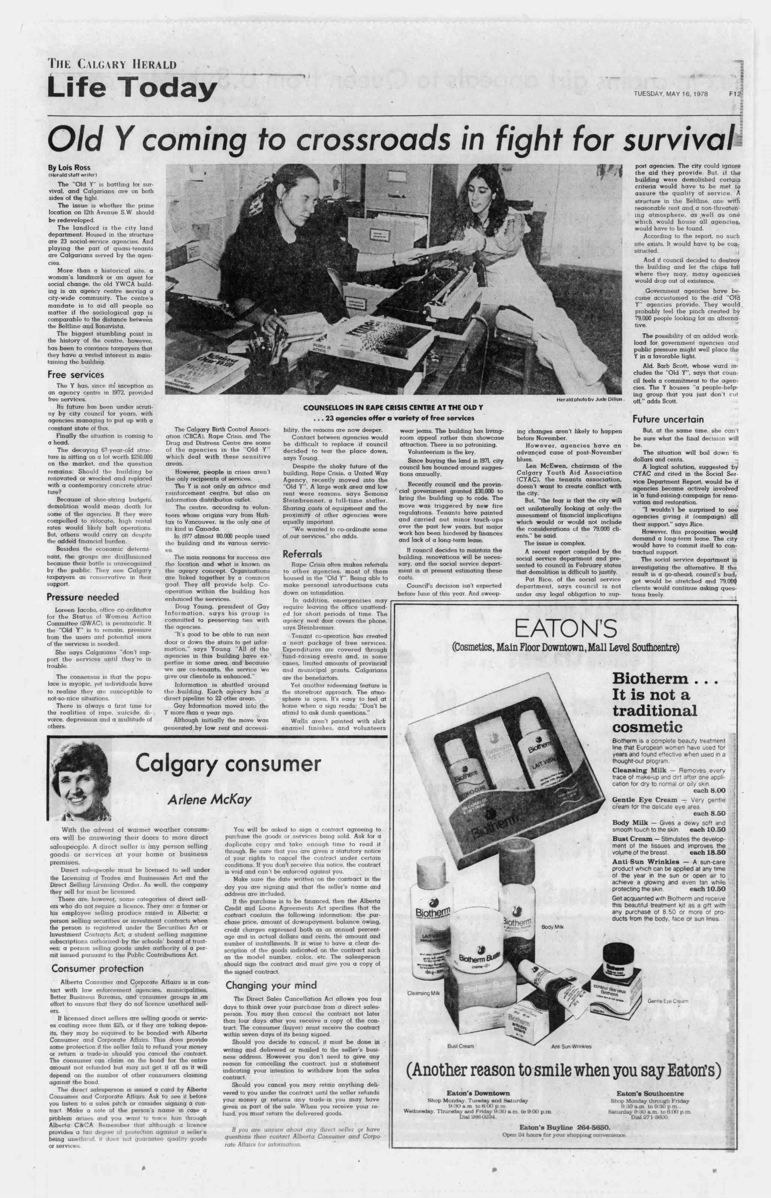 A black-and-white scan of a page from the May 16, 1978 issue of the Calgary Herald features an article about the Old Y at the top of the page.