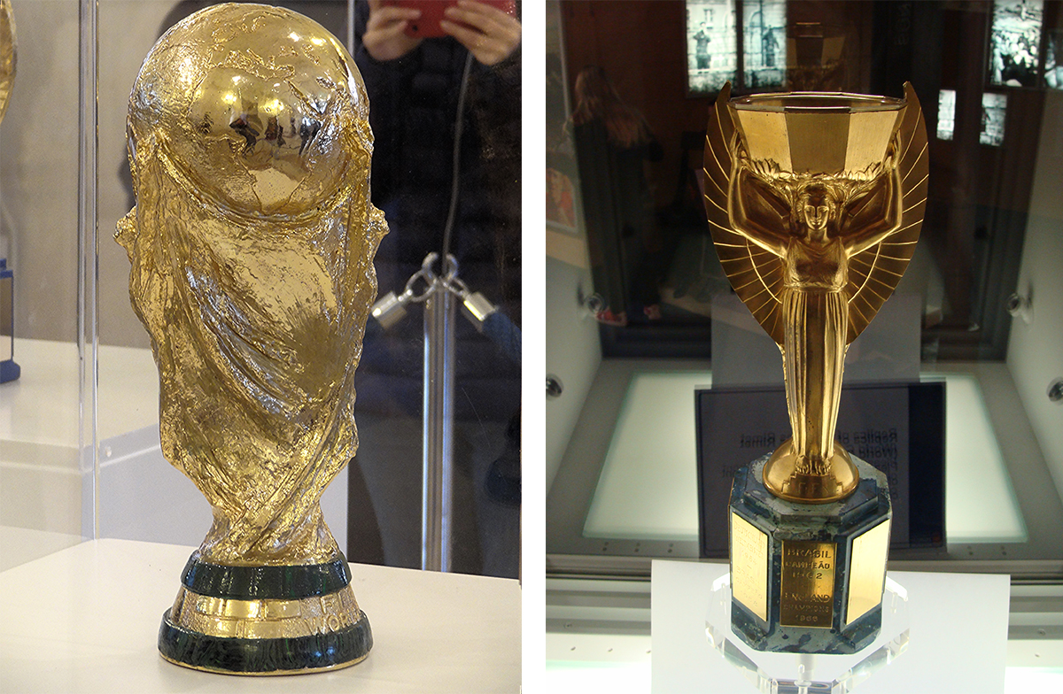 Left, the current World Cup trophy is a crinkly golden globe held up by a vague, crinkly golden lump. Right, the Jules Rimet Trophy is a cup held up by a golden woman with wings, who is wearing a toga. 