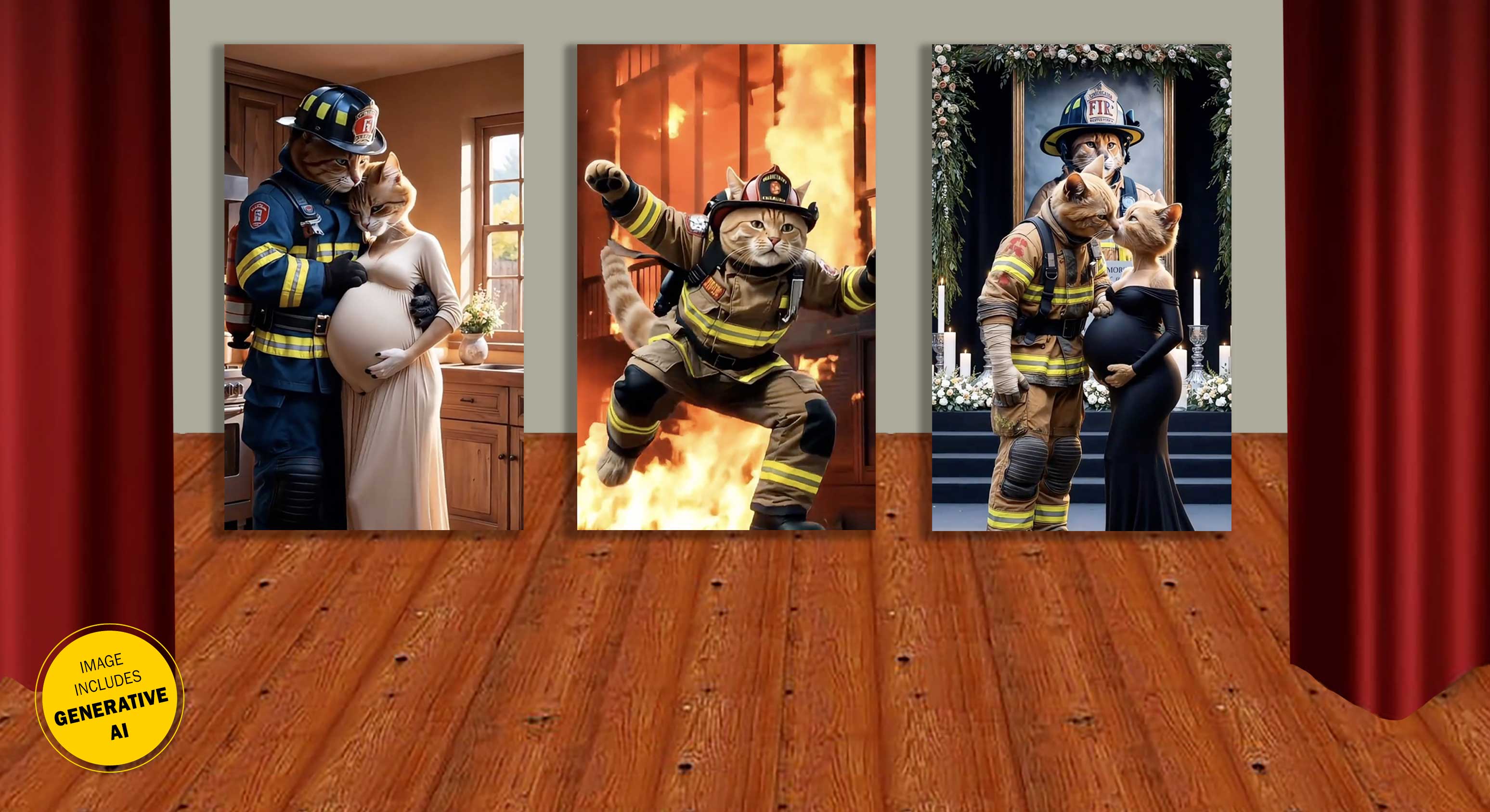 A collage of three portraits of AI-generated cats from the viral AI-generated cat soap operas are displayed on a stage. In the portraits, from left: A firefighter cat hugs his pregnant wife; the firefighter cat jumps out of a burning building; and, against the backdrop of his own funeral the firefighter cat kisses his pregnant wife in a black dress who appears surprised. 