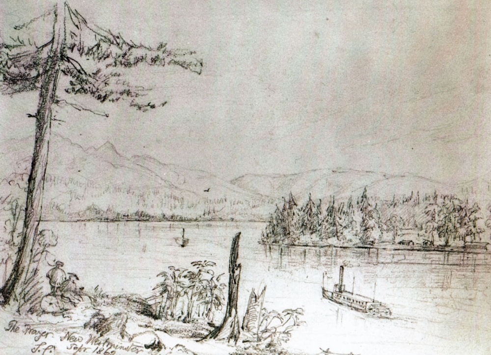 A black and white sketch of a river scene with a large steamboat in the waterway and a forested shore with small buildings on the opposite side of the river.