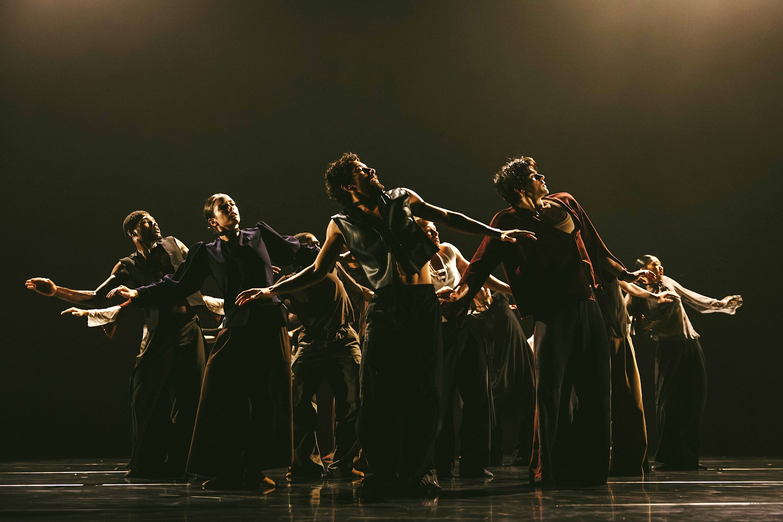 A troupe of dancers pose with their shoulders up and their arms outstretched in triangular formation. They are wearing jewel-toned costumes and standing onstage against a black background.