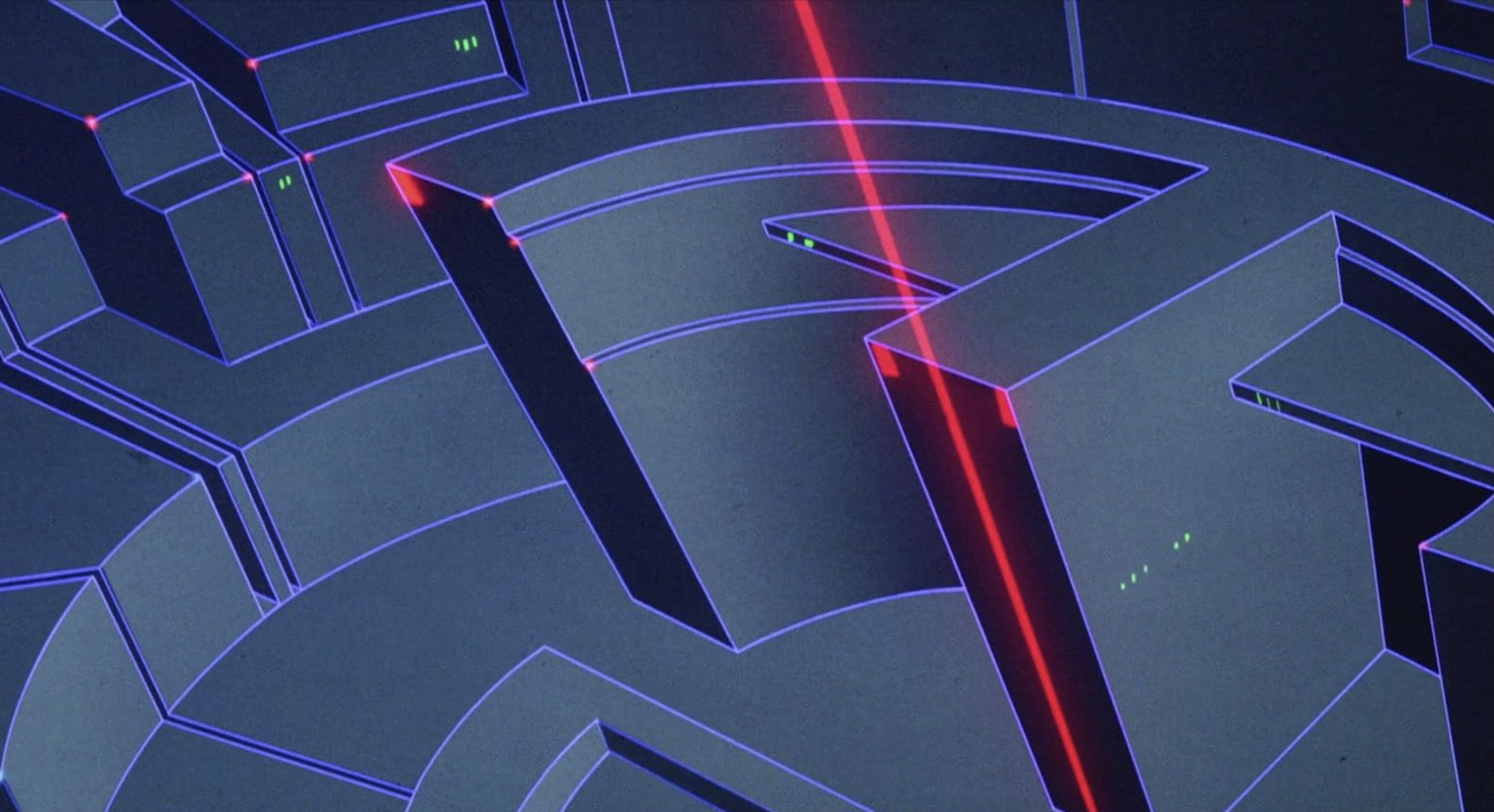 A digital graphic features dense block-like structures connected by electric blue lines and red dots.