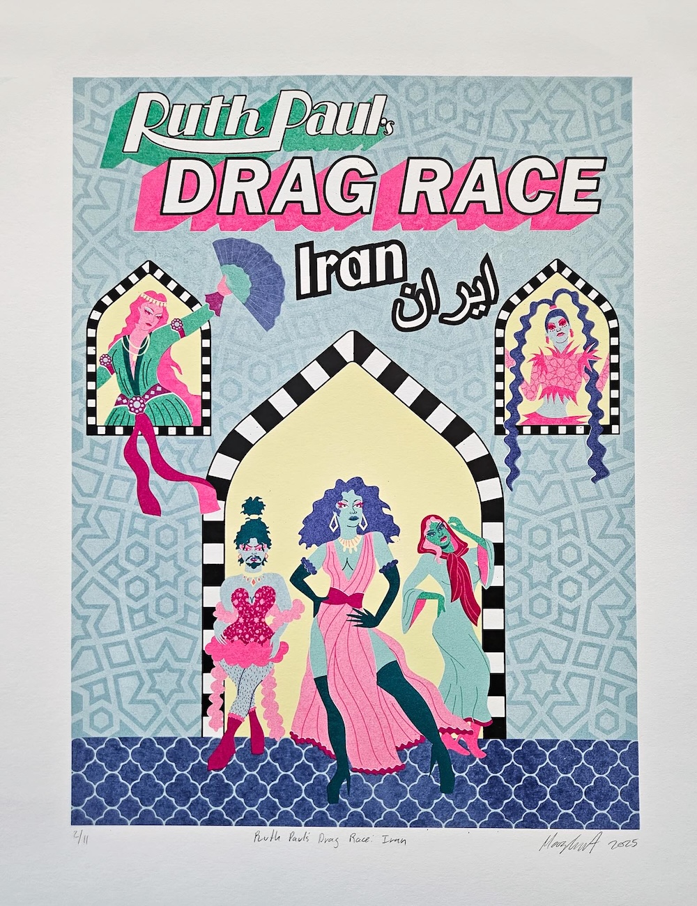 A screen print depicts a poster for &lsquo;Ruth Paul&rsquo;s Drag Race: Iran,&rsquo; featuring five drag performers posing in a doorway or two second-storey windows.