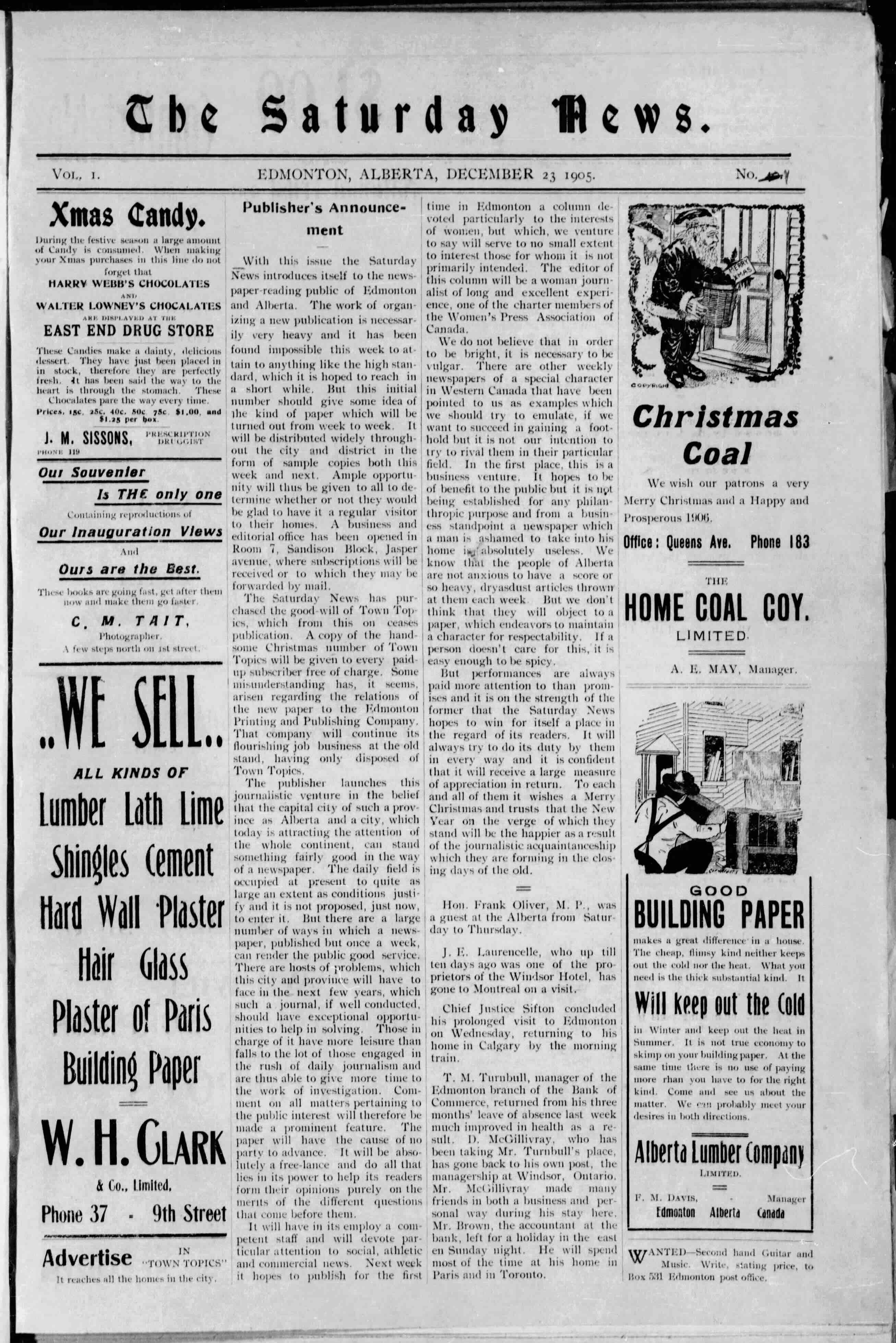 An screenshot of the cover of a broadsheet newspaper, The Edmonton Saturday News, from Dec. 23, 1905.