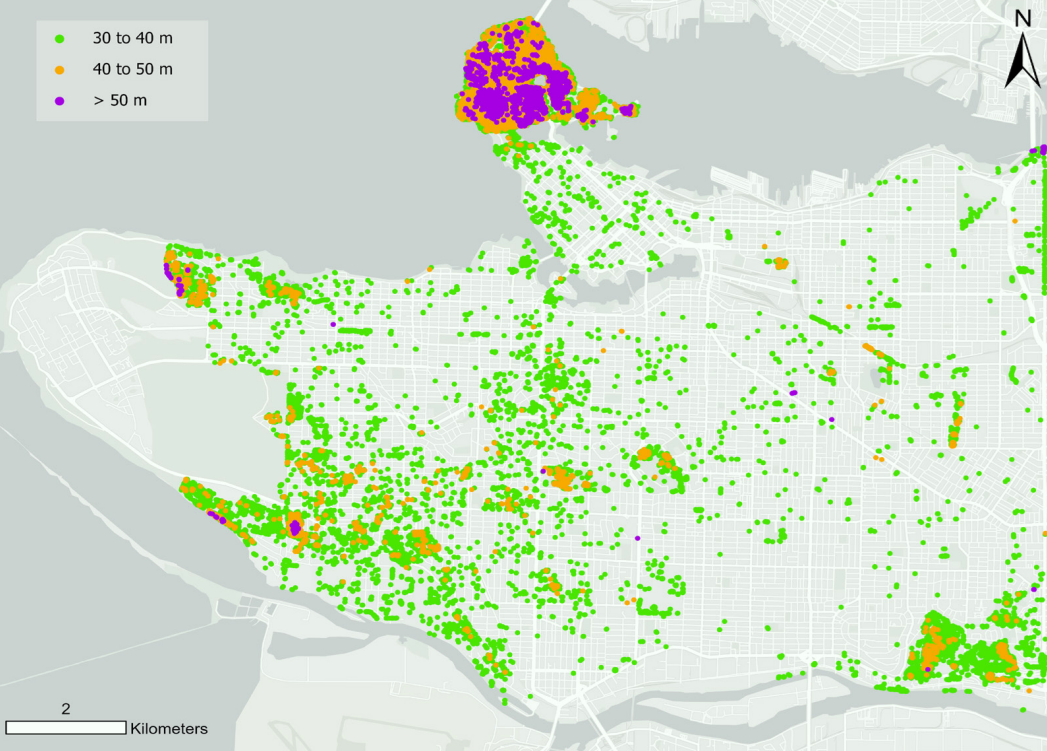 A map with green, orange and purple dots showing the locations of tall trees in Vancouver.