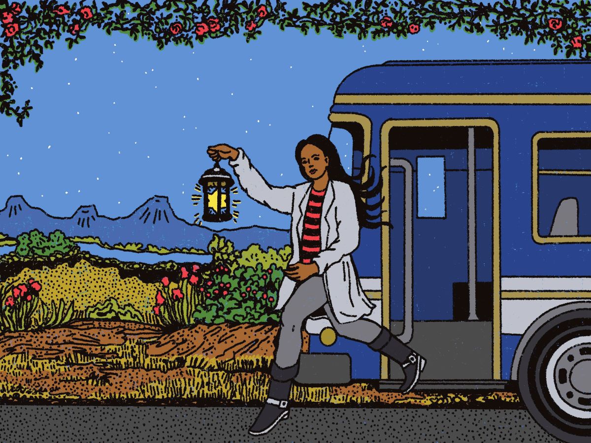 An illustration of a woman with medium skin tone and long dark hair exiting a bus, while holding a lantern in one hand, into a country landscape featuring flowers, stars and mountains.