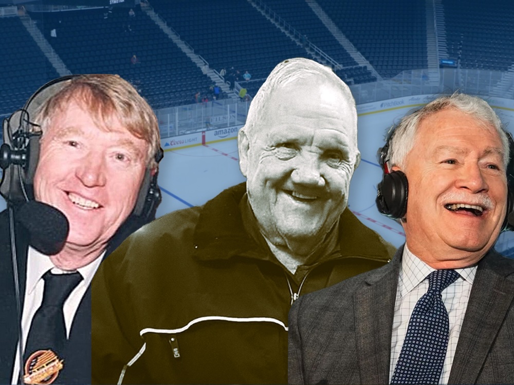 A collage of three elderly white men, two wearing broadcast headsets, superimposed on a hockey rink image.