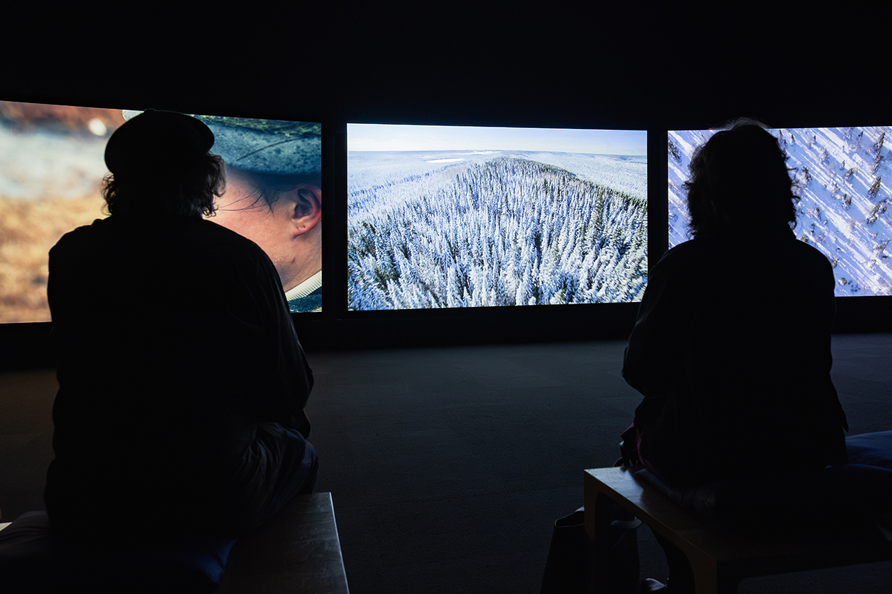 Two people in silhouette are seated some distance from each other on a low bench in a darkened gallery space. Three screens in front of them depict, from left, a human face, a stand of trees in winter and an image featuring ice and snow.
