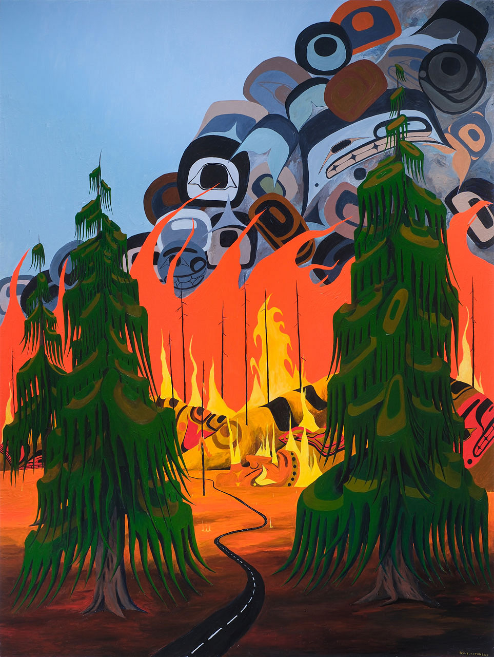 A bright acrylic painting depicts an abstract fire in a forest behind two cedar trees and against a blue sky inflected with Coast Salish iconography.