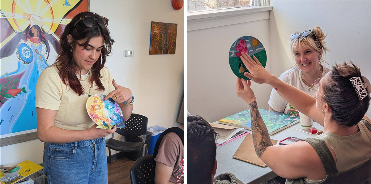 At left: a woman with long wavy hair looks down and points to a colourful circular piece of artwork she holds in her hands. At right: people are seated at a table in an art workshop. One person with their back turned to the camera holds up a circular piece of artwork while the person next to them looks and smiles.