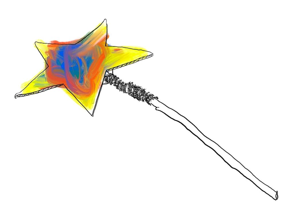 A black and white illustration of a magic wand with a colourful painted star at its top, lying on its side.