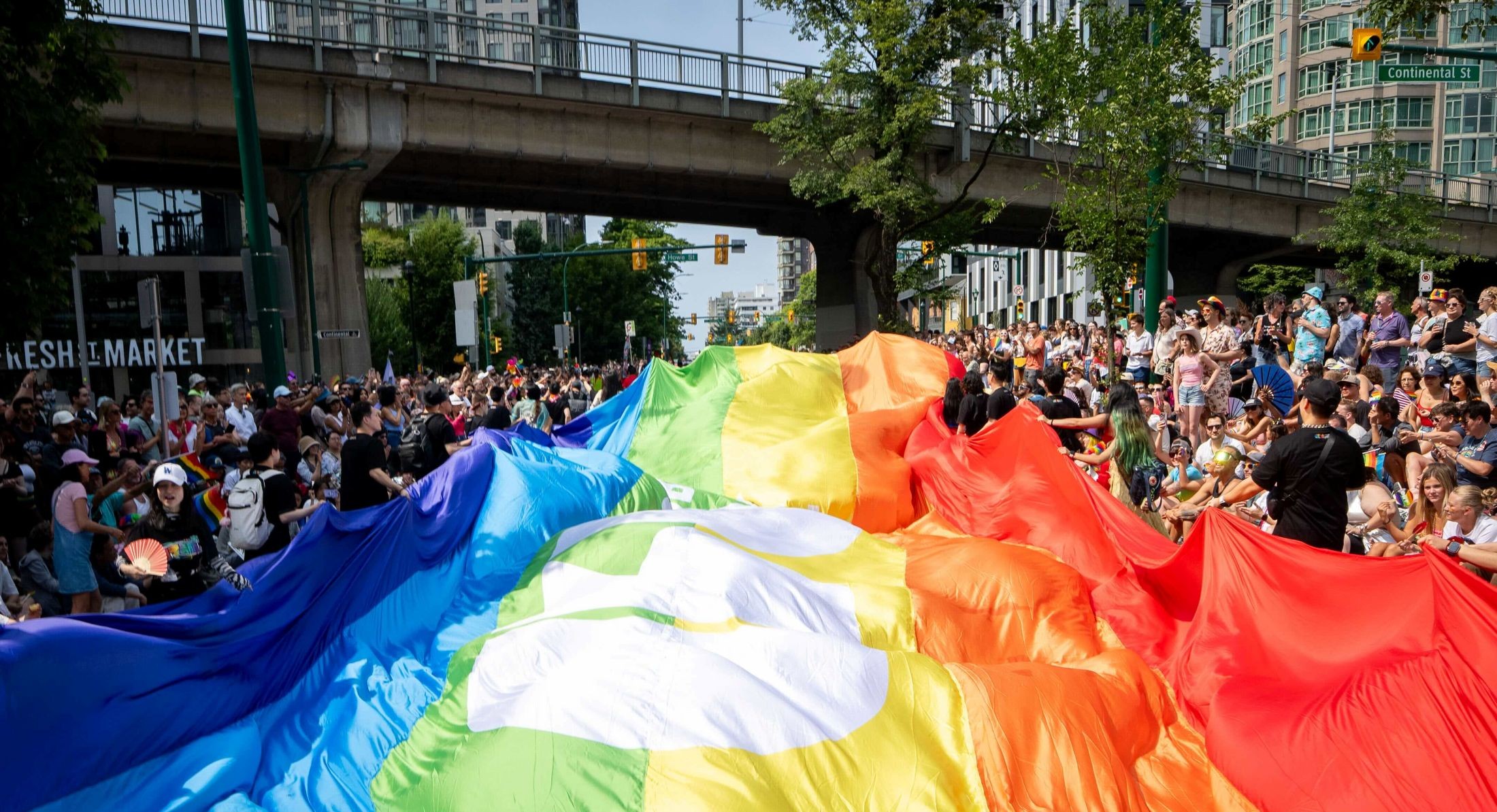 Crowds of people line both sides of a street. A giant Pride flag fills the centre, and several people hold its sides to the right of the frame.
