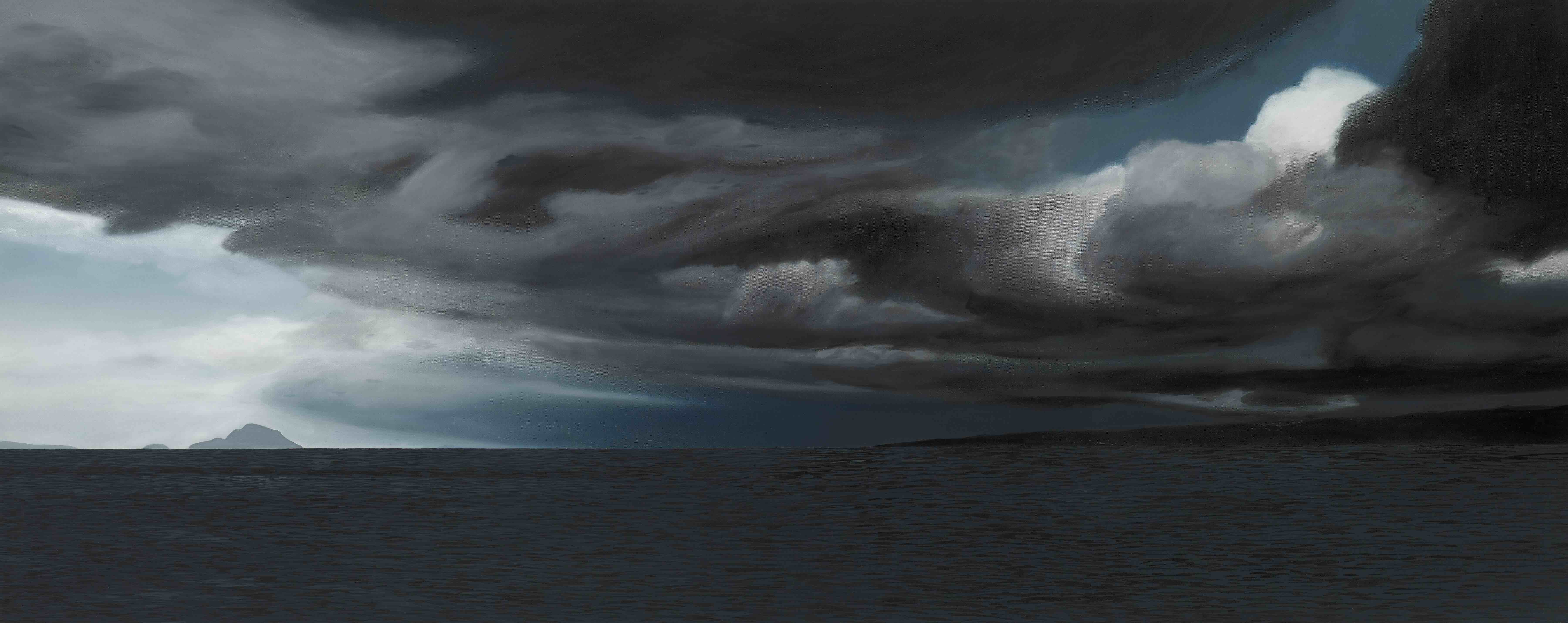 A photo-realistic acrylic painting depicts a dark ocean under a stormy, clouded sky.