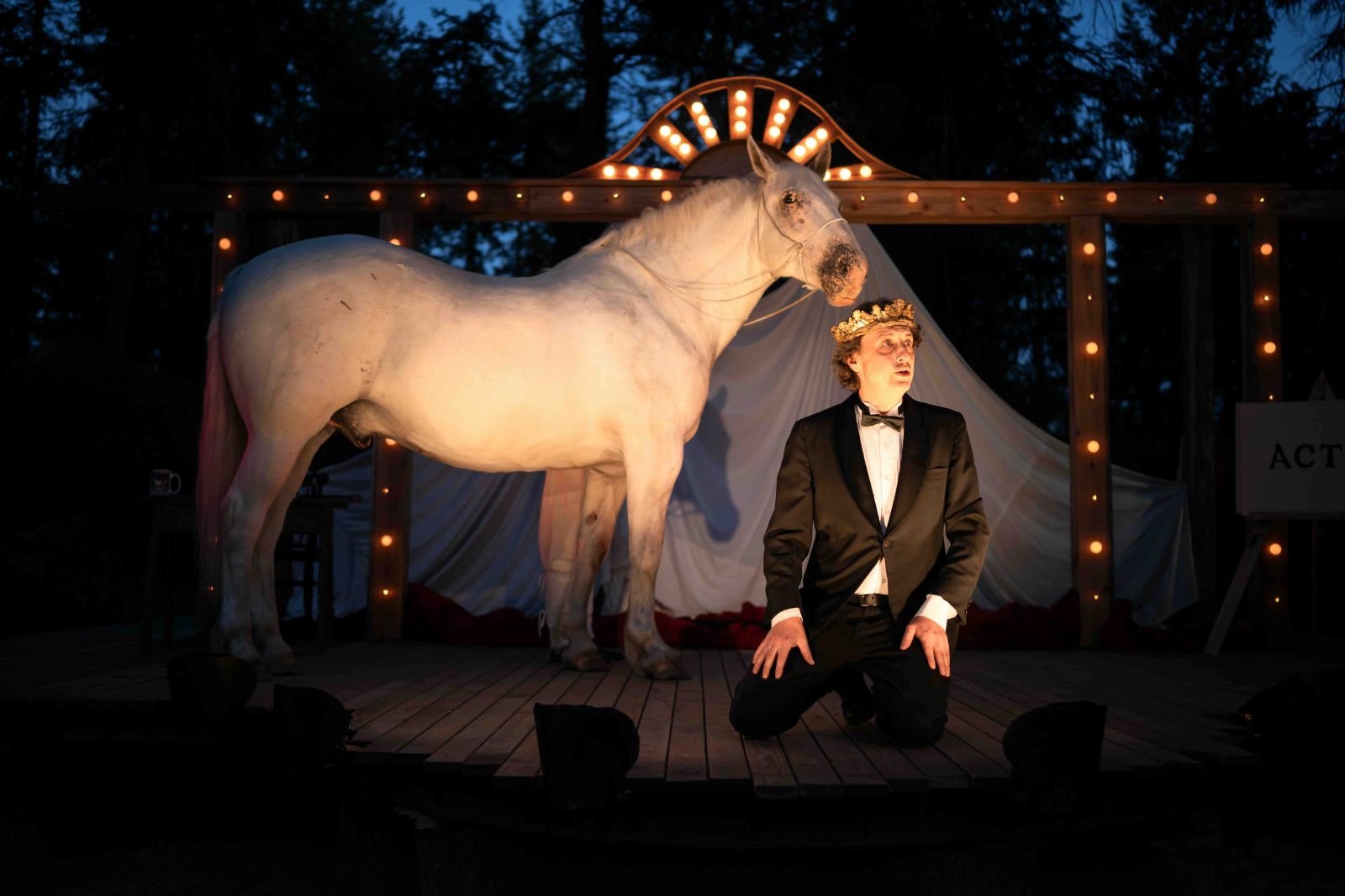 Actor Ryan Beil kneels on an outdoor stage at night. He is wearing a tuxedo and a gold crown. Looking up towards the right of the frame. The stage is lit with a wooden carnival-style marquee and a white horse stands beneath the lights at their apex.