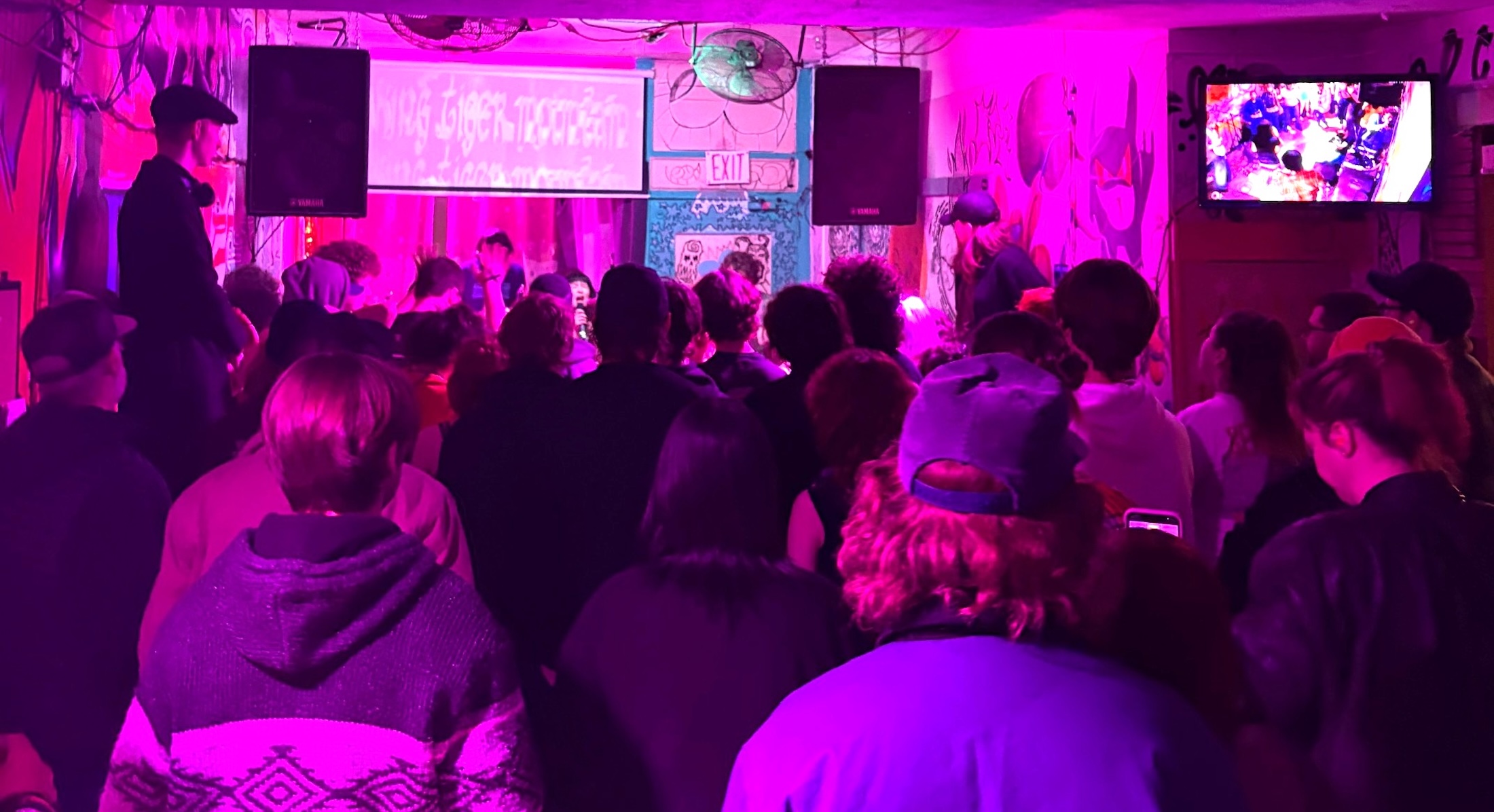 A large crowd of young people has their backs to the camera as they watch a live performance in a small indoor venue. The room is bathed in purple light and there are small digital installations on screens on the walls.