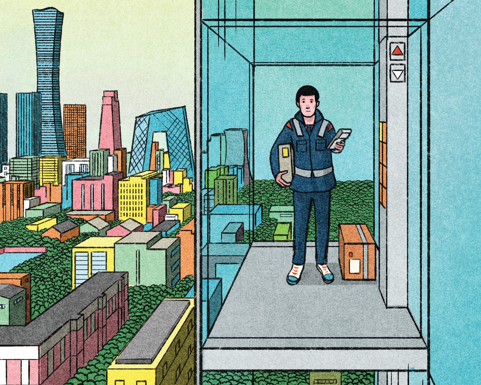 A brightly coloured digital illustration depicts a man with short dark hair in a navy courier&rsquo;s uniform holding a parcel in a glass elevator. Behind him to the left of the frame is an urban landscape.