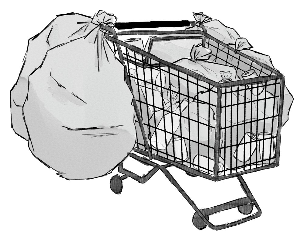 A black-and-white illustration features a shopping cart holding large garbage bags full of recyclables.