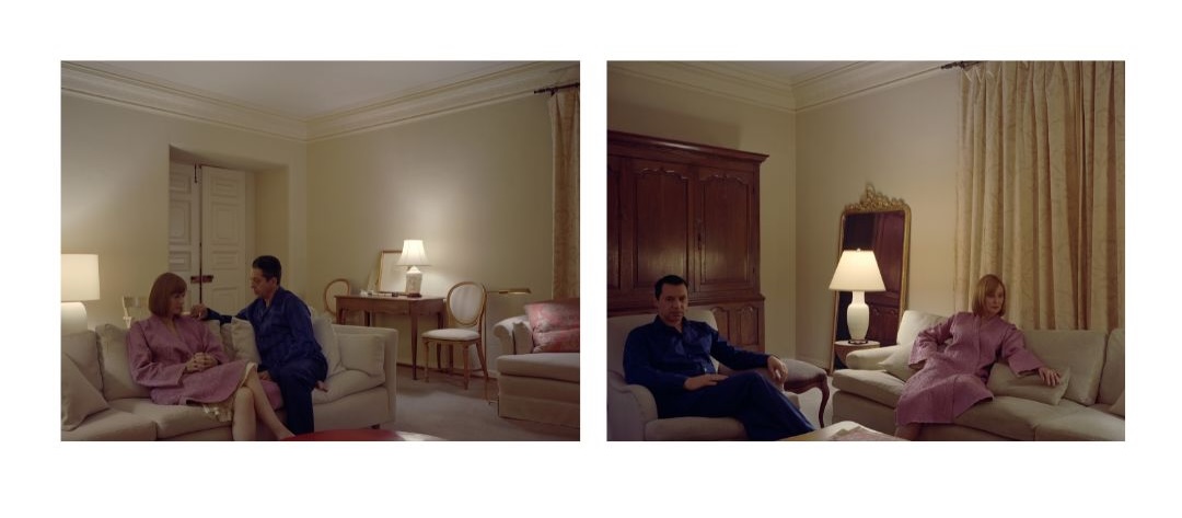 A pair of two dimly lit photographs against a white background depicts a man and a woman on a sofa in pyjamas, sitting near each other but not looking at each other.
