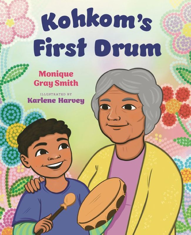 The book cover image for &ldquo;Kokhum&rsquo;s First Drum&rdquo; features a colourful digital illustration of a grandmother and grandchild, who is holding a drum.