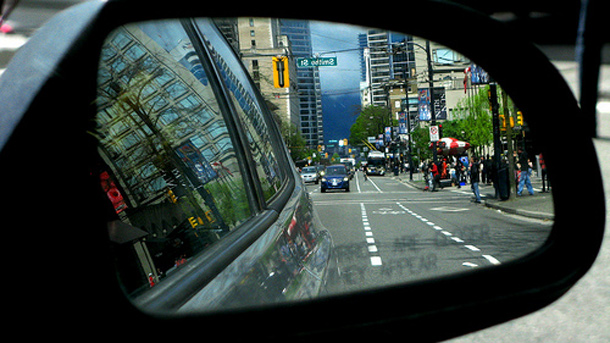 A bike lane in a rear window