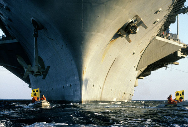 Greenpeace zodiacs protest in, 1988.