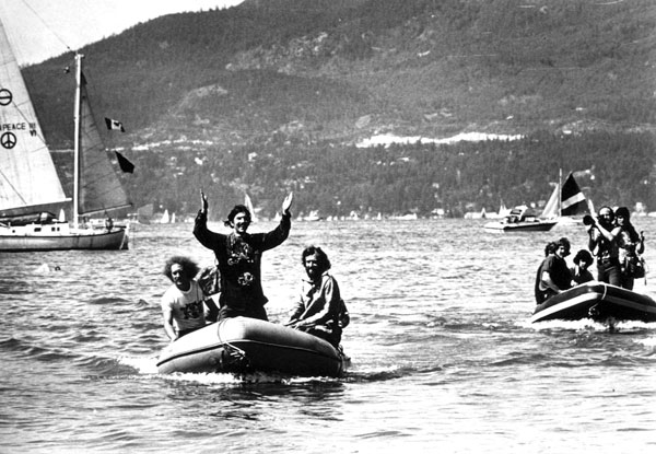 Rex Weyler, Bob Hunter, Patrick Moore return from early Greenpeace campaign.