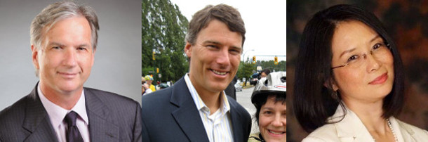 Vancouver mayoral candidates Kirk LaPointe (NPA), Gregor Robertson (Vision), Meena Wong (COPE)