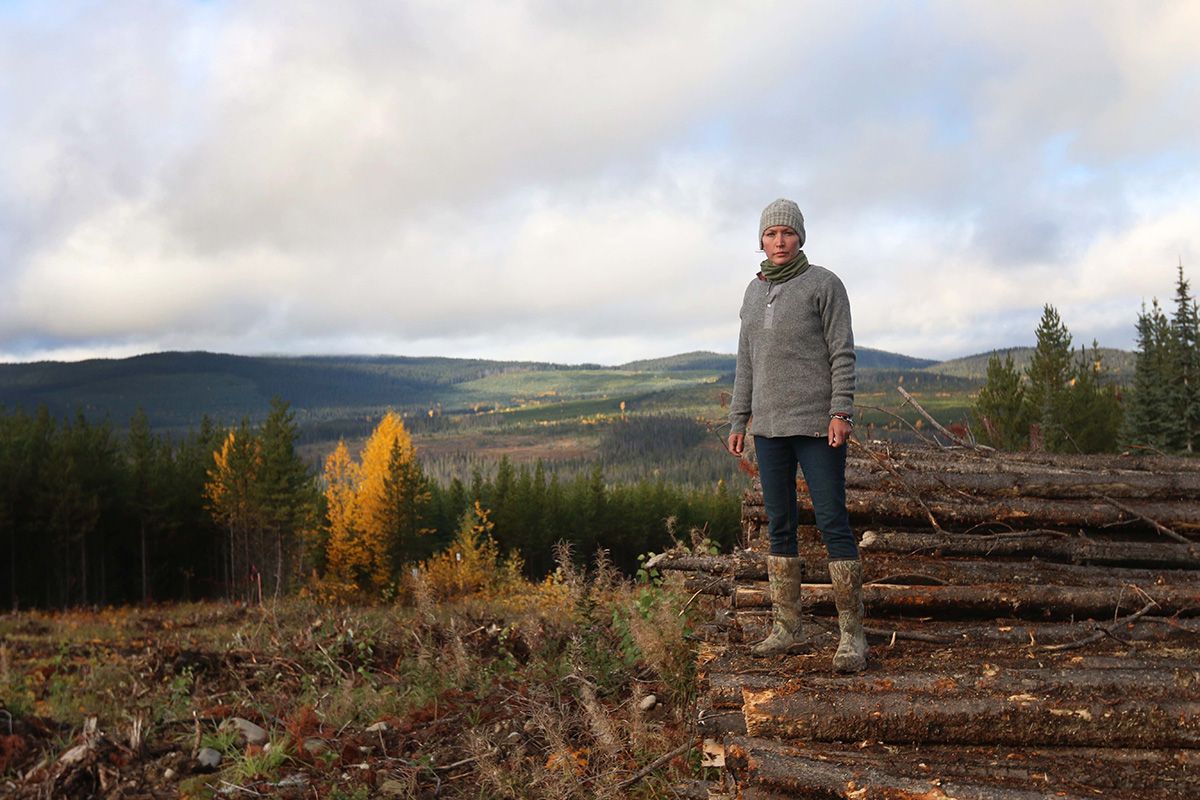 A woman wearing a grey toque, grey sweater, jeans and boots stands on a pile of cut logs, with a wide expanse of land recovering from logging behind her.
