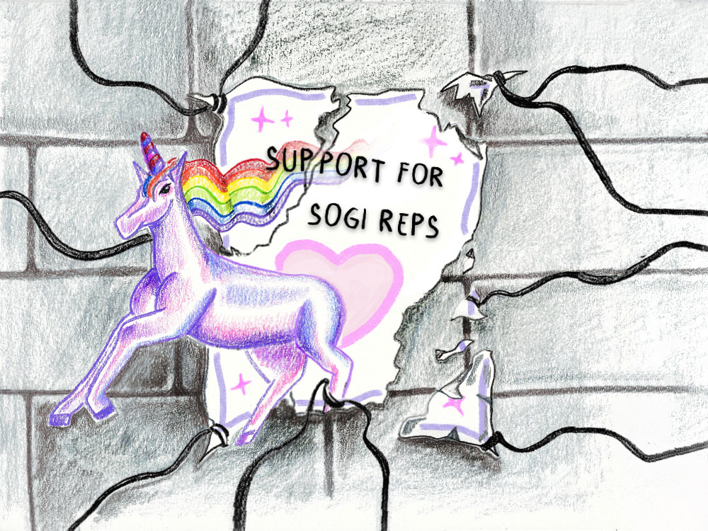 An illustration of a poster being torn from a cement brick wall. The poster says &ldquo;Support for SOGI Reps&rdquo; and there is a purple unicorn with a rainbow bursting out of the poster.