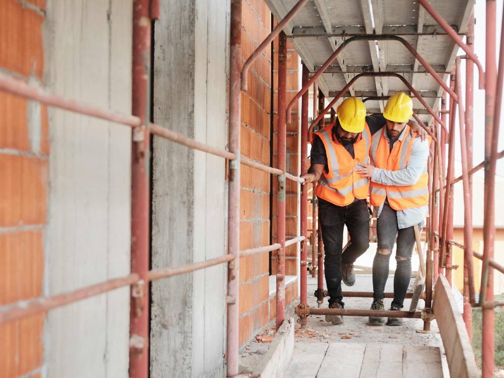 Two workers walk down a column of scaffolding in a construction site. One worker appears to be limping to avoid putting weight on one foot, and the other worker appears to be helping them walk. The workers wear hard hats, and orange high-vis vests.