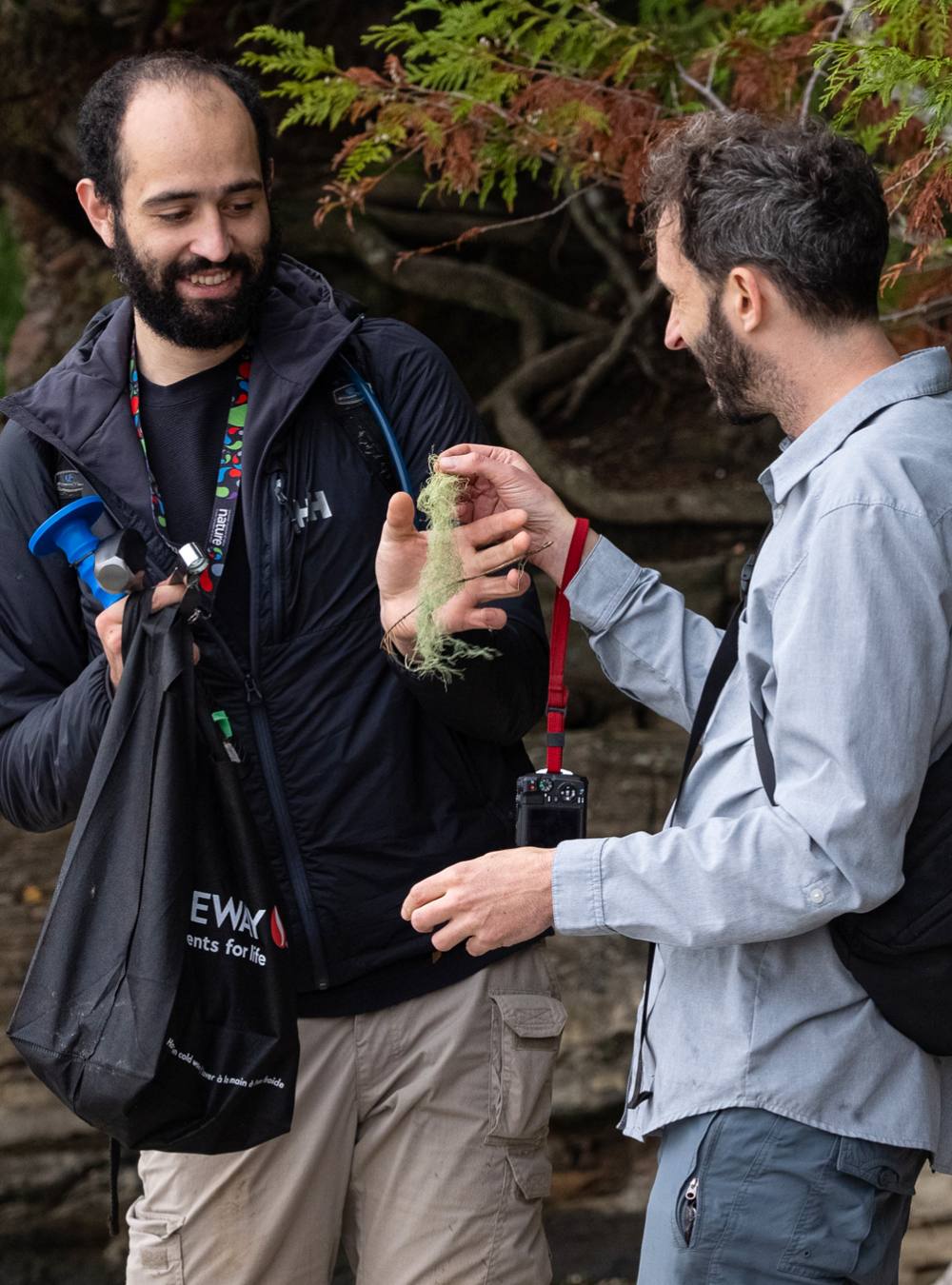Two people; the person on the left is handing the person on the right a tuft of green lichen.