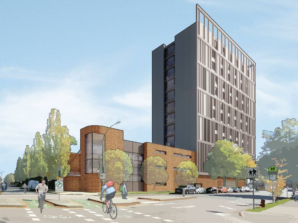 An illustration of Arbutus and Seventh Avenue in Vancouver, the site of a proposed new social housing building. Pedestrians and cyclists are seen crossing the street. A tall grey building is to the right of a low-rise brown brick building.