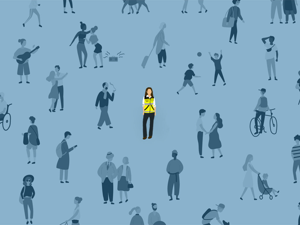 A grey-blue background features illustrations of people in darker blue. In the middle is a bright illustration of a woman with long curly hair and neon vest.