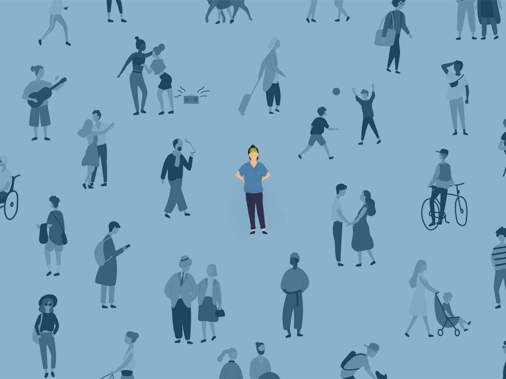 A grey-blue background features illustrations of people in a blue tones carrying out leisure and social activities. In the middle is a bright illustration of a woman in scrubs with neon green bangs and a bun. The pocket hem on her shirt matches her bangs.