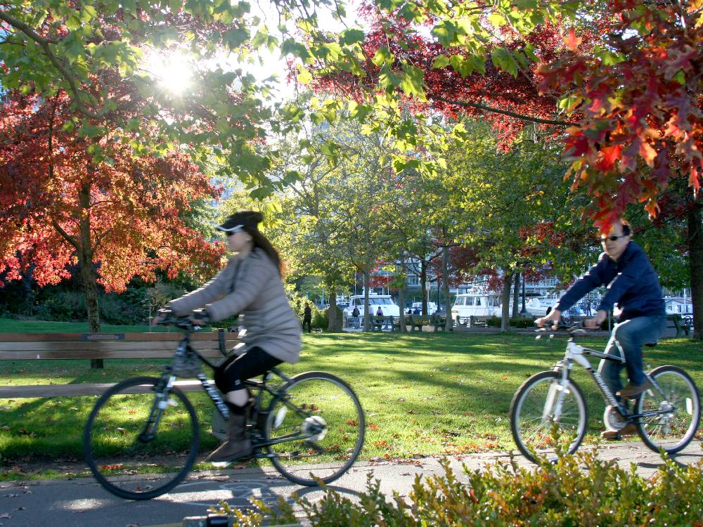 Sunlight filters through a canopy of green and red leaves on an autumn day as two cyclists whizz past. We are in Vancouver&rsquo;s Coal Harbour and there are yachts on the water in the background.