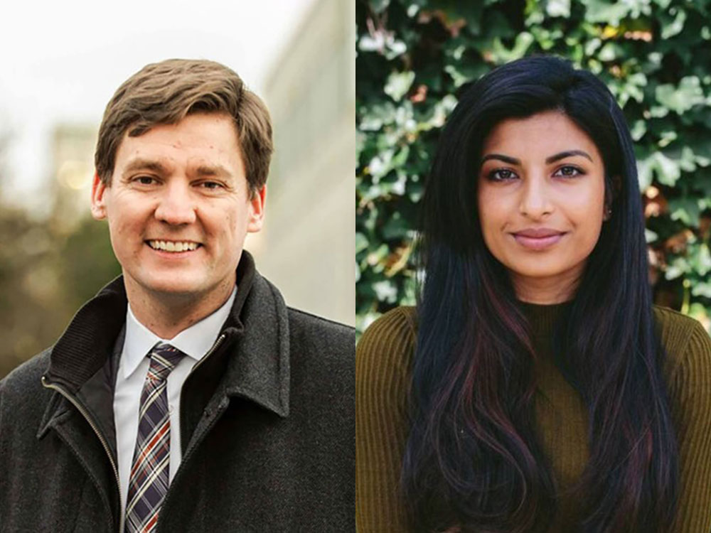 Two headshots side by side. On the left, a man in a suit, tie and fall coat smiles at the camera. On the right, a woman wearing a ribbed sweater smiles at the camera.