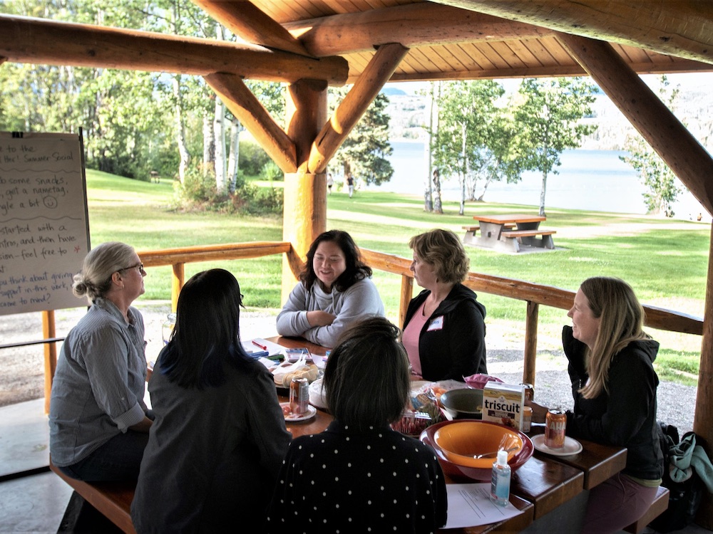 Six women sit around a picnic table near a lake on a sunny day. An easel with paper and notes sits at one end. A grassy park and lake are in the background.