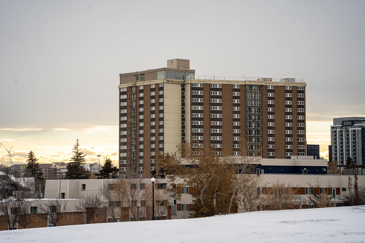 A photo of Bridgeland Place in the sunset during winter.