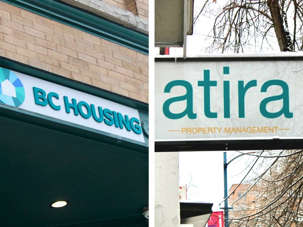 Two images side by side. One shows BC Housing&rsquo;s logo on a brick building. The other shows the sign for Atira Property Management.