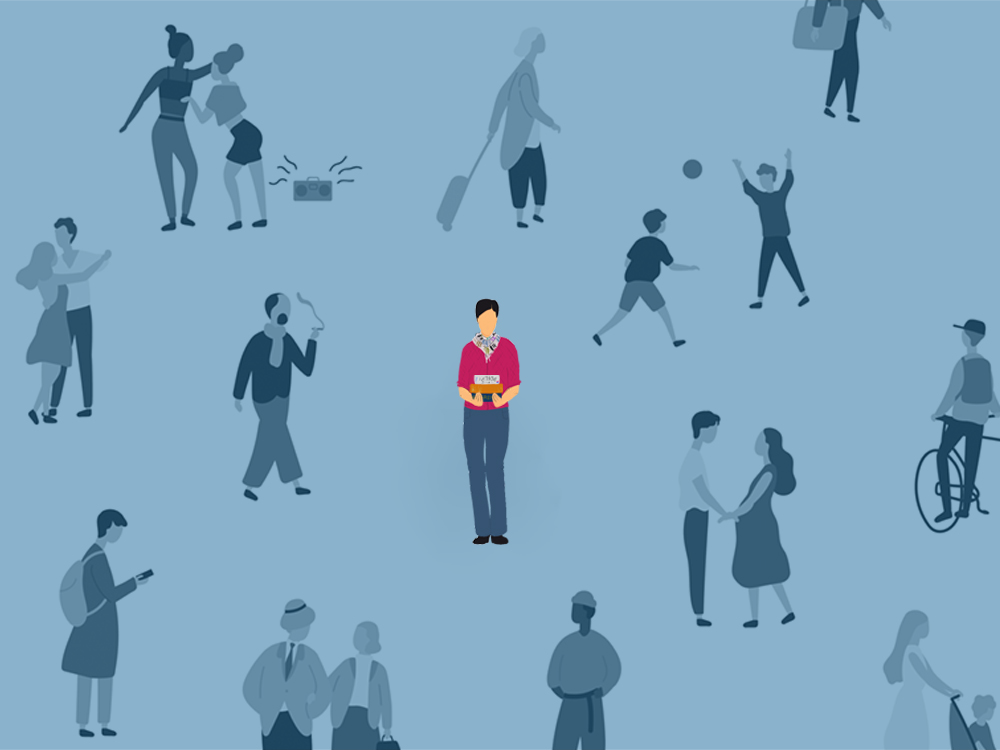 An illustration shows lots of people doing many things. In the centre of the illustration, a person stands, holding three dictionaries. 