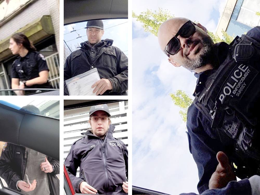 Five separate images show police officers at the driver&rsquo;s side window of a car. 