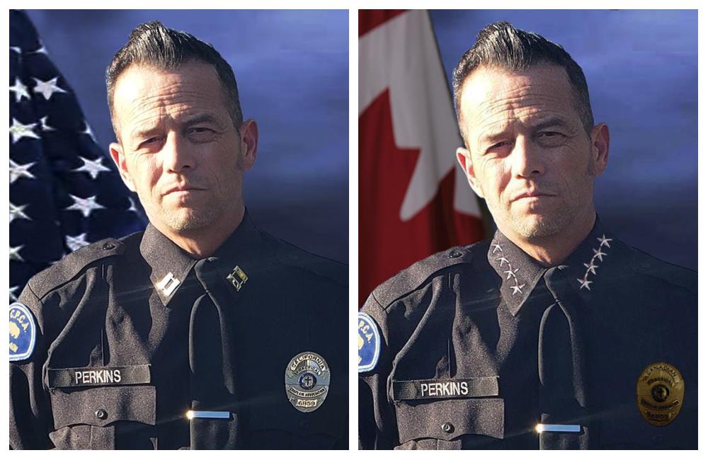 On the left, Robert L. Perkins poses in front of an American flag wearing a U.S. uniform with a U.S. badge. On the right, the same photo appears to have been photoshopped to show a Canadian flag in the background, and a Canadian badge.
