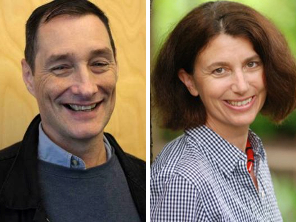 Two photos, side by side, one of a man and a woman. On the left, a man with short dark hair and wearing a dark sweater smiles at the camera. On the right, a woman with shoulder length brown hair and blue and white checked shirt also smiles for the camera.
