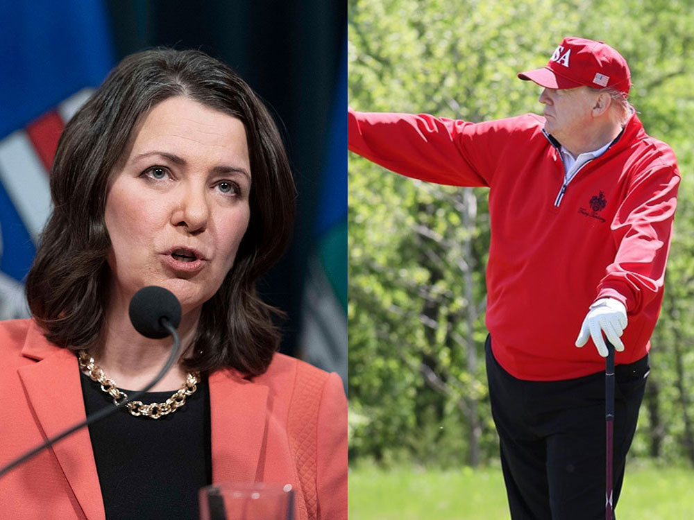 A side-by-side photo of Danielle Smith and Donald Trump.