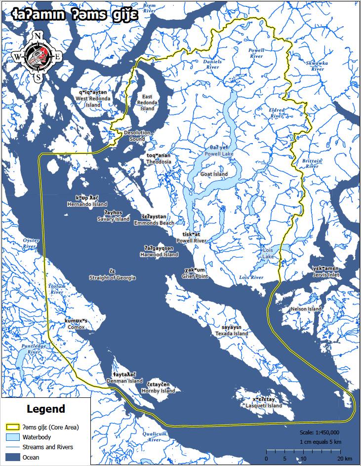 A map shows the Georgia Straight, the northern Sunshine Coast, and several islands, including Texada, Lasqueti and Agyksan. Place names are communicated in English and the ʔayʔaǰu&theta;əm language, which is spoken by Tla&rsquo;amin people.