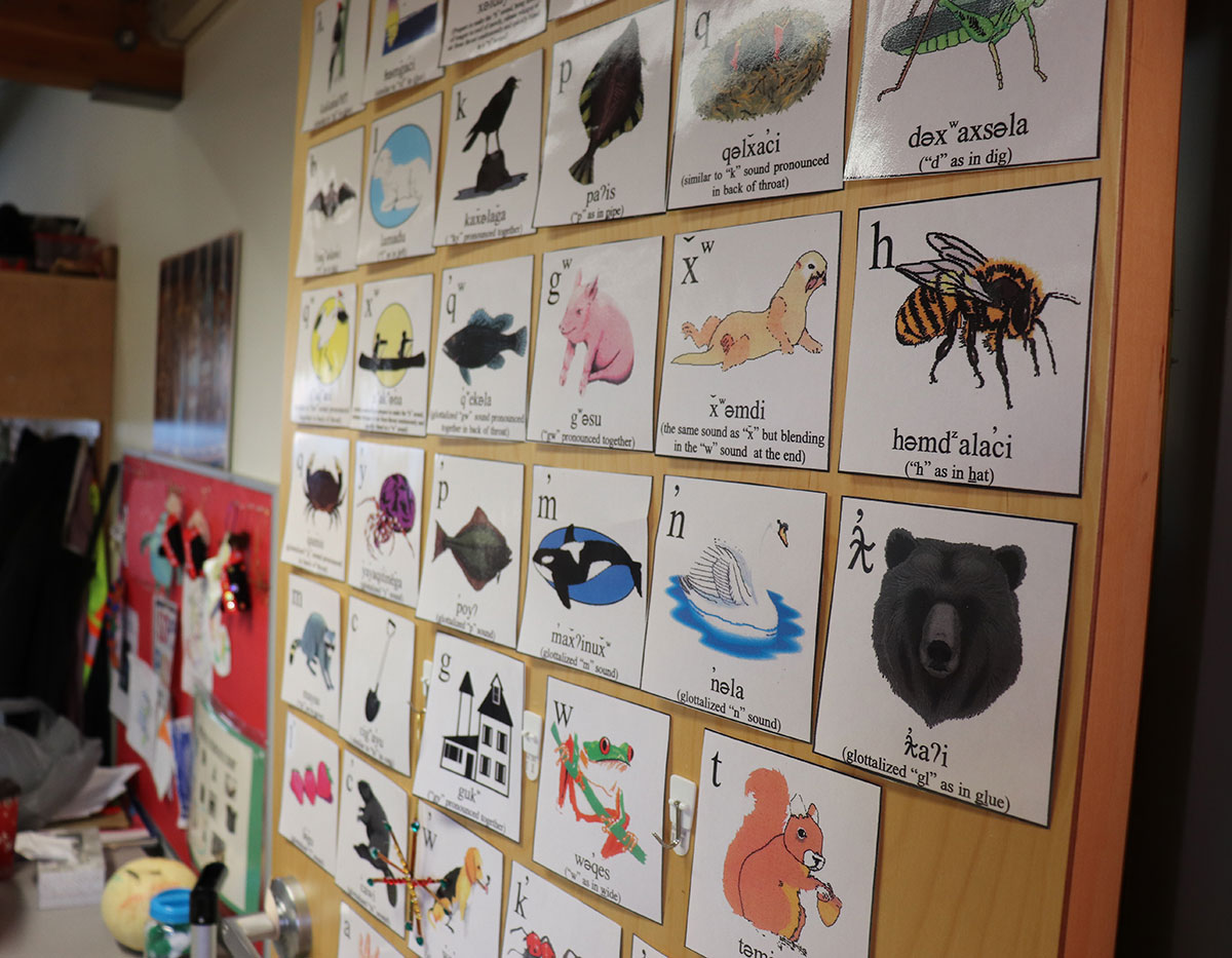 Flashcards show images of animals with their names in English and Kʷak̓ʷala and Lik̓ʷala.
